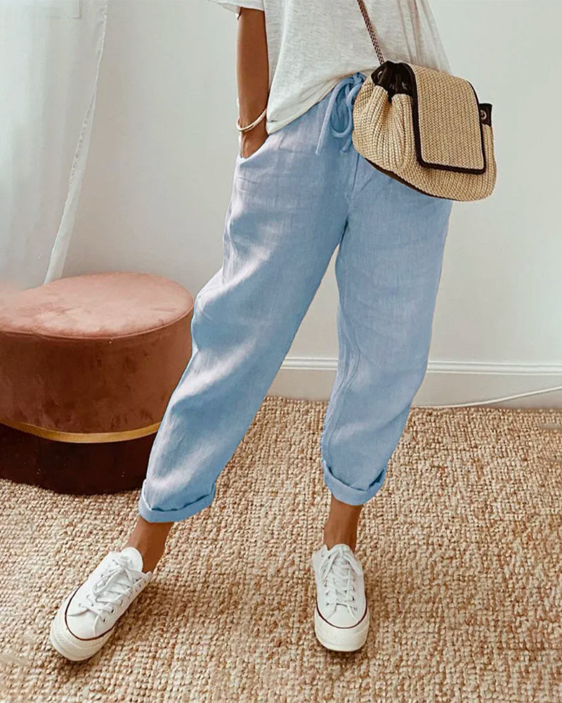 Dames Broek met Toelopende Pijp en Trekkoord Taille Blauw