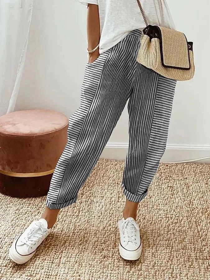 Dames Broek met Toelopende Pijp en Trekkoord Taille Zwart Wit