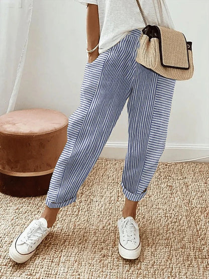 Dames Broek met Toelopende Pijp en Trekkoord Taille Blauw Wit