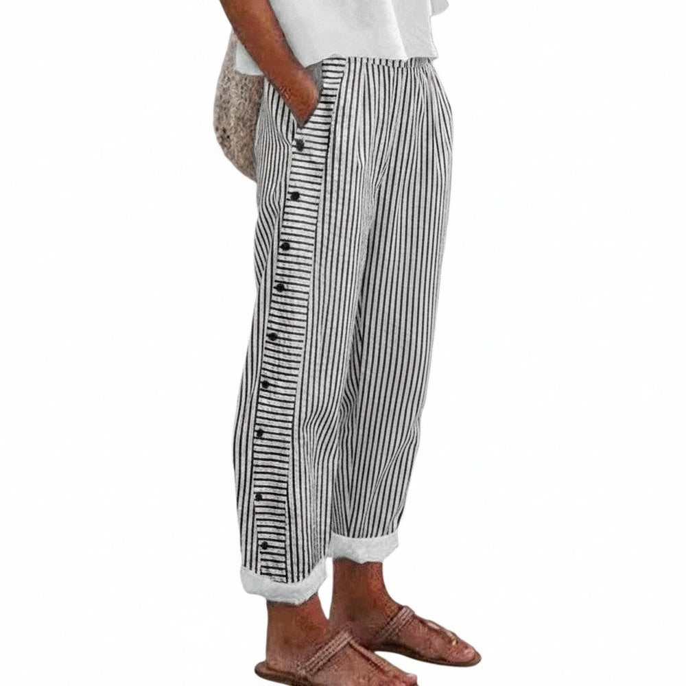 Dames Broek met Verticale Strepen, Elastische Taille en Zijzakken