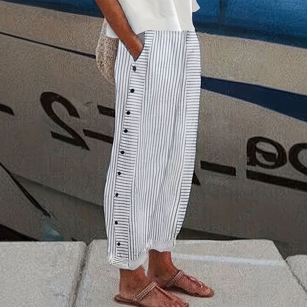 Dames Broek met Verticale Strepen, Elastische Taille en Zijzakken