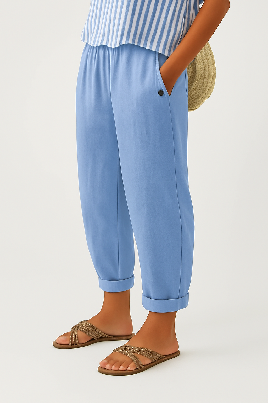 Dames Broek Relaxed Tapered met Elastische Taille en Omgeslagen Boord Lichtblauw