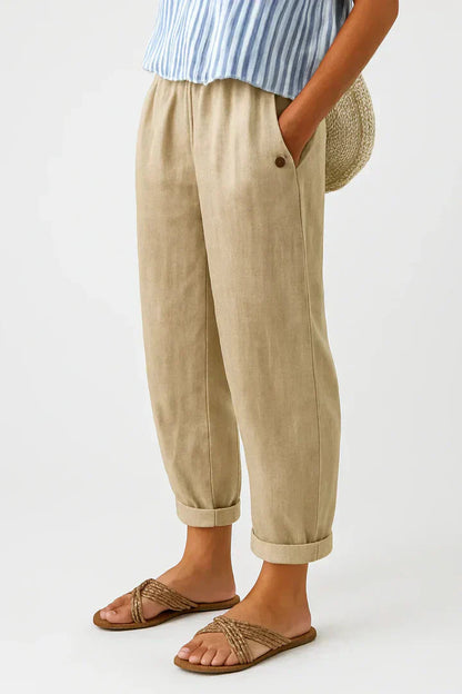 Dames Broek Relaxed Tapered met Elastische Taille en Omgeslagen Boord Beige