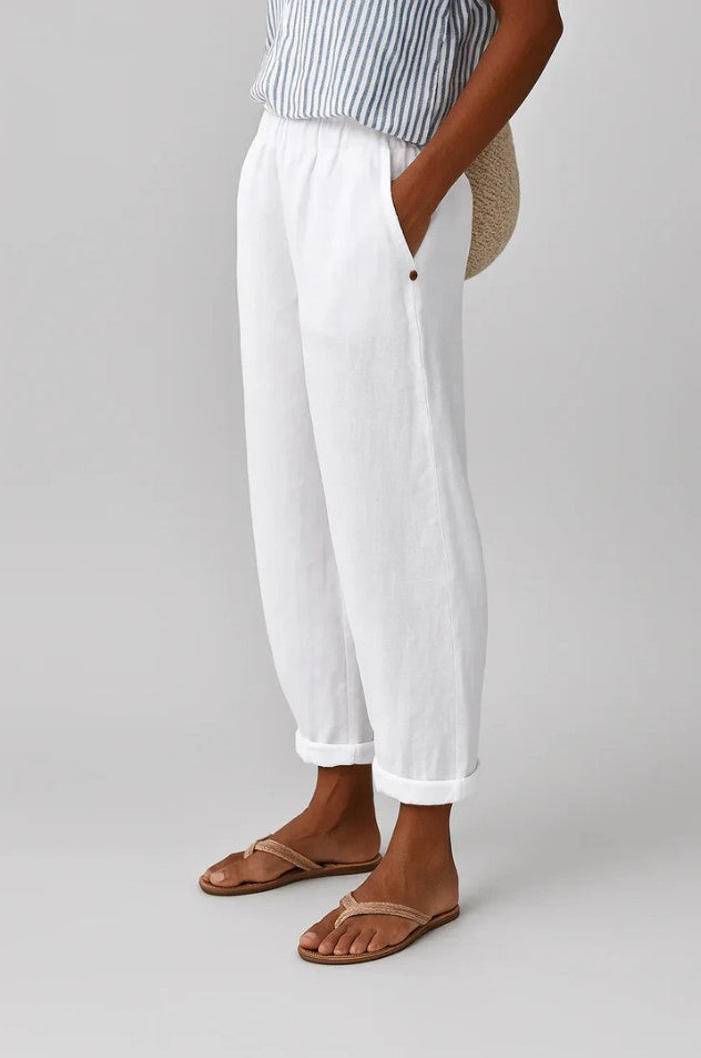 Dames Broek Relaxed Tapered met Elastische Taille en Omgeslagen Boord Wit