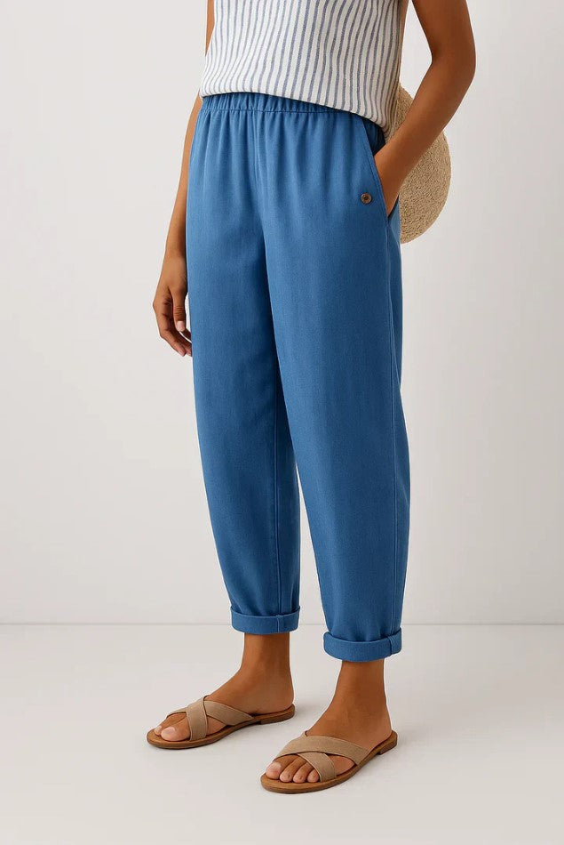 Dames Broek Relaxed Tapered met Elastische Taille en Omgeslagen Boord Blauw