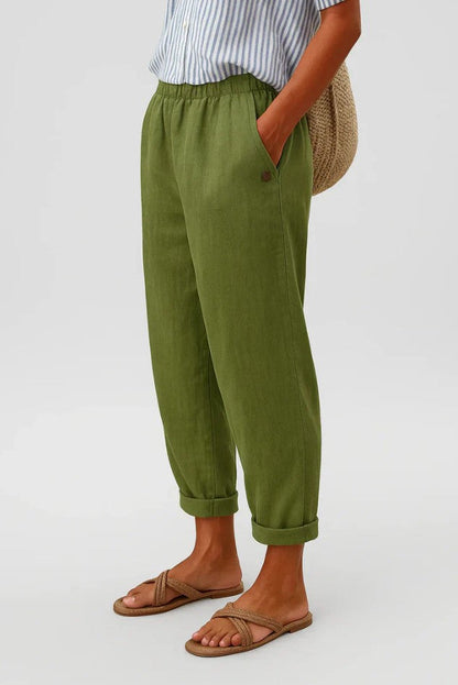 Dames Broek Relaxed Tapered met Elastische Taille en Omgeslagen Boord Olijfgroen