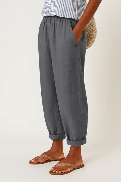 Dames Broek Relaxed Tapered met Elastische Taille en Omgeslagen Boord Donkergrijs