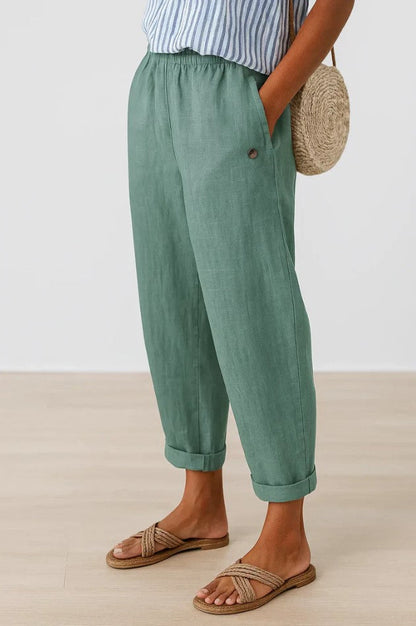 Dames Broek Relaxed Tapered met Elastische Taille en Omgeslagen Boord Turquoise