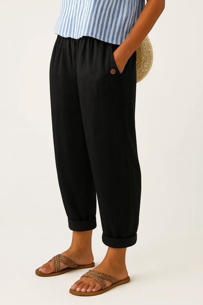 Dames Broek Relaxed Tapered met Elastische Taille en Omgeslagen Boord Zwart