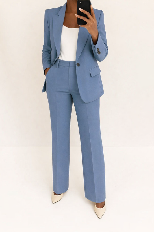 Dames Broekpak met Blazer en Wide Leg Broek met Hoge Taille Blauw