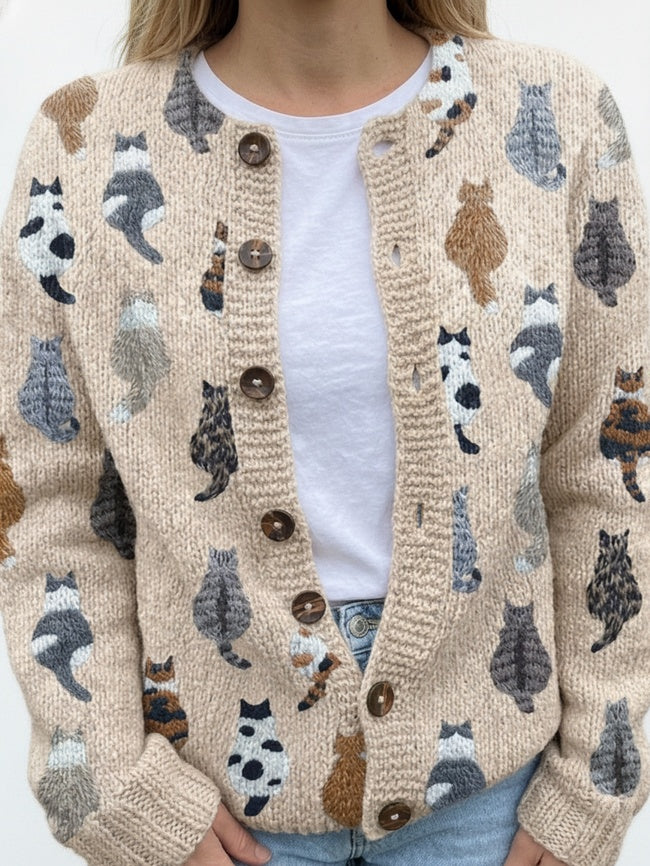 Dames Cardigan met Ronde Hals en Kattenprint Beige
