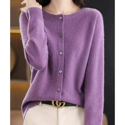 Dames Cardigan met Ronde Hals en Knoopsluiting Lange Mouw Paars