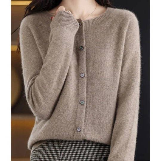 Dames Cardigan met Ronde Hals en Knoopsluiting Lange Mouw Bruin