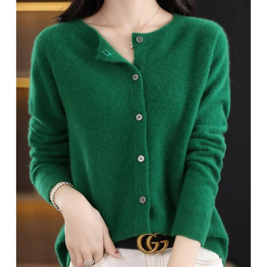 Dames Cardigan met Ronde Hals en Knoopsluiting Lange Mouw Donkergroen