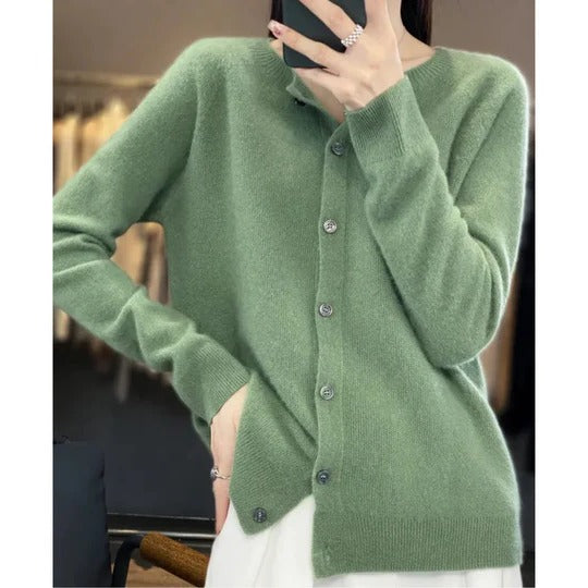 Dames Cardigan met Ronde Hals en Knoopsluiting Lange Mouw Lichtgroen