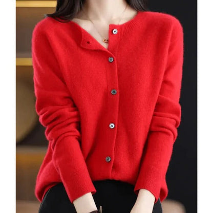 Dames Cardigan met Ronde Hals en Knoopsluiting Lange Mouw Rood