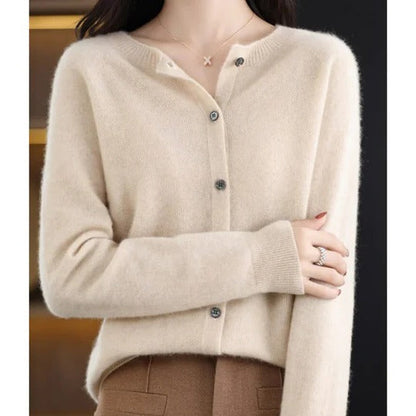 Dames Cardigan met Ronde Hals en Knoopsluiting Lange Mouw Khaki