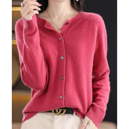 Dames Cardigan met Ronde Hals en Knoopsluiting Lange Mouw Donkerroze