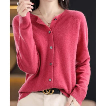 Dames Cardigan met Ronde Hals en Knoopsluiting Lange Mouw Donkerroze