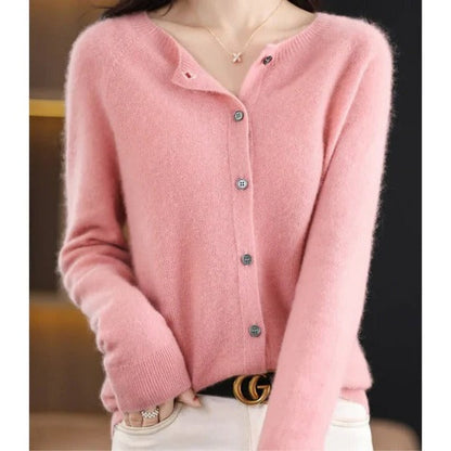 Dames Cardigan met Ronde Hals en Knoopsluiting Lange Mouw Lichtroze