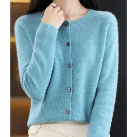 Dames Cardigan met Ronde Hals en Knoopsluiting Lange Mouw Lichtblauw