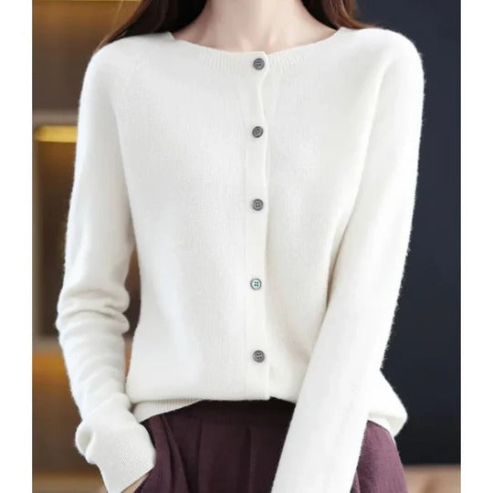 Dames Cardigan met Ronde Hals en Knoopsluiting Lange Mouw Wit