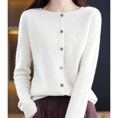 Dames Cardigan met Ronde Hals en Knoopsluiting Lange Mouw Wit