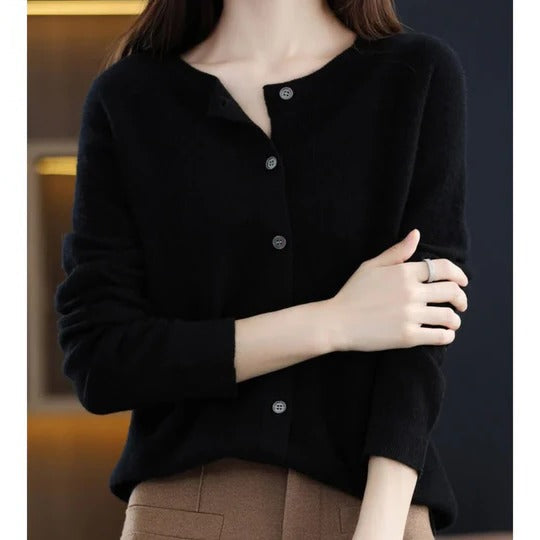 Dames Cardigan met Ronde Hals en Knoopsluiting Lange Mouw Zwart