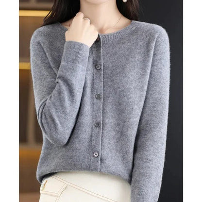 Dames Cardigan met Ronde Hals en Knoopsluiting Lange Mouw Grijs