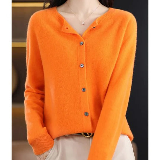 Dames Cardigan met Ronde Hals en Knoopsluiting Lange Mouw Oranje