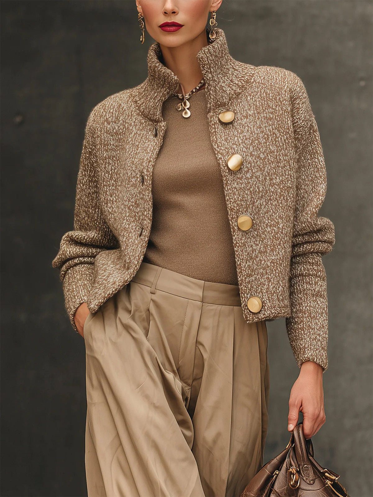 Dames Cardigan met Staande Kraag en Grote Knoopsluiting Bruin