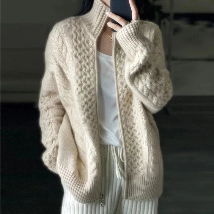 Dames Cardigan met Staande Kraag en Ritssluiting Oversized Beige