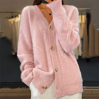 Dames Cardigan met V-hals en Knoopsluiting Lange Mouw Relaxed Fit Roze