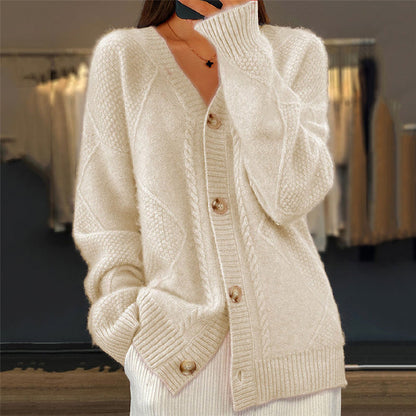Dames Cardigan met V-hals en Knoopsluiting Lange Mouw Relaxed Fit Beige