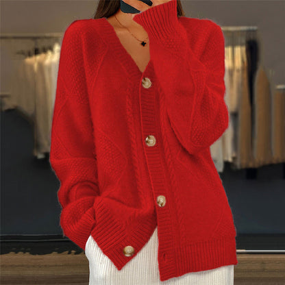 Dames Cardigan met V-hals en Knoopsluiting Lange Mouw Relaxed Fit Rood