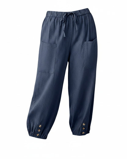 Dames Casual Broek met Hoge Taille, Koordsluiting en Knoopdetail aan de Enkels