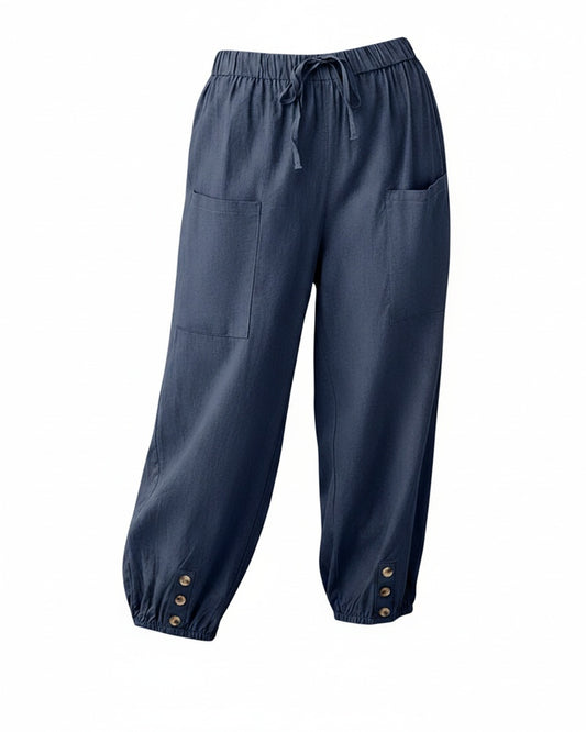 Dames Casual Broek met Hoge Taille, Koordsluiting en Knoopdetail aan de Enkels