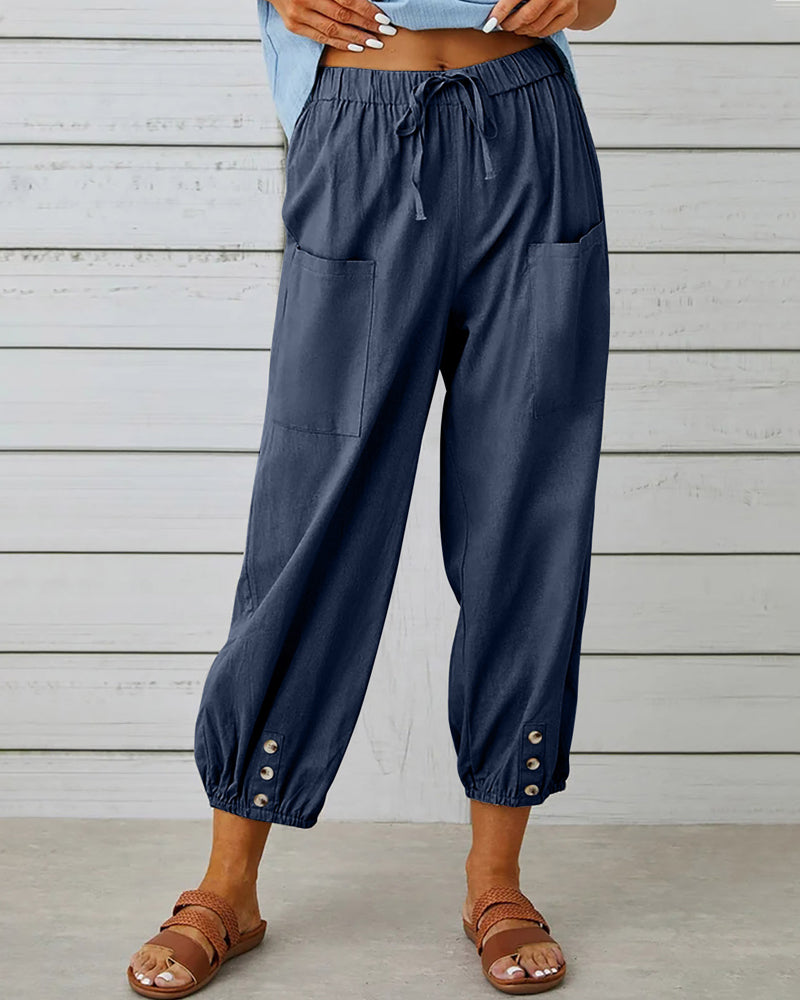 Dames Casual Broek met Hoge Taille, Koordsluiting en Knoopdetail aan de Enkels Navy