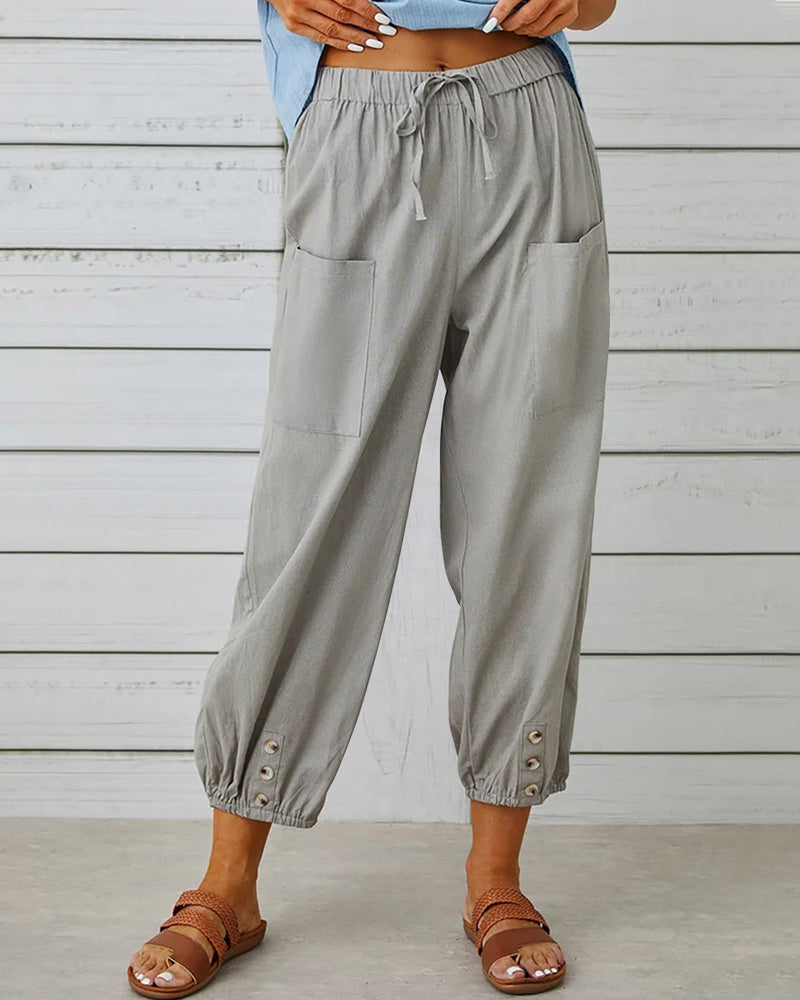Dames Casual Broek met Hoge Taille, Koordsluiting en Knoopdetail aan de Enkels Grijs