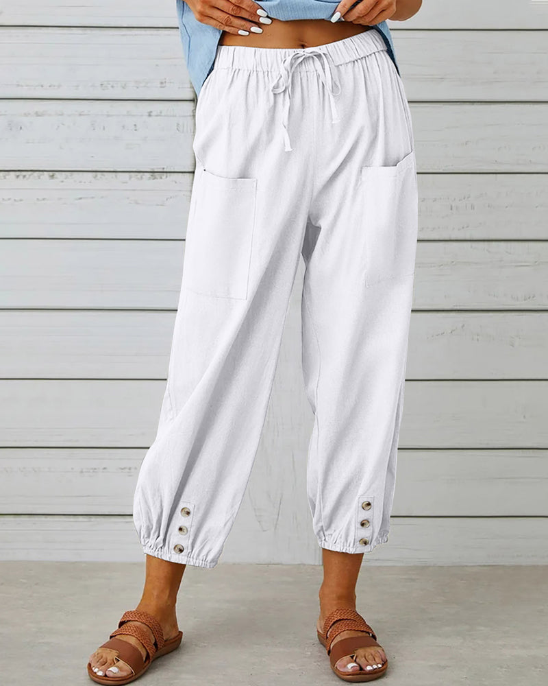 Dames Casual Broek met Hoge Taille, Koordsluiting en Knoopdetail aan de Enkels Wit