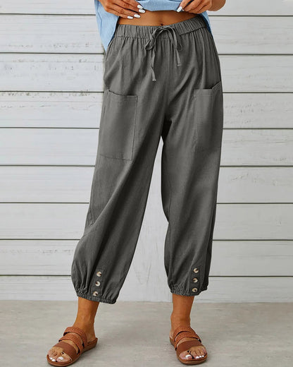 Dames Casual Broek met Hoge Taille, Koordsluiting en Knoopdetail aan de Enkels Donkergrijs