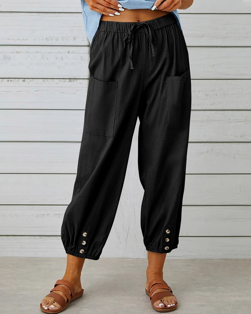 Dames Casual Broek met Hoge Taille, Koordsluiting en Knoopdetail aan de Enkels Zwart
