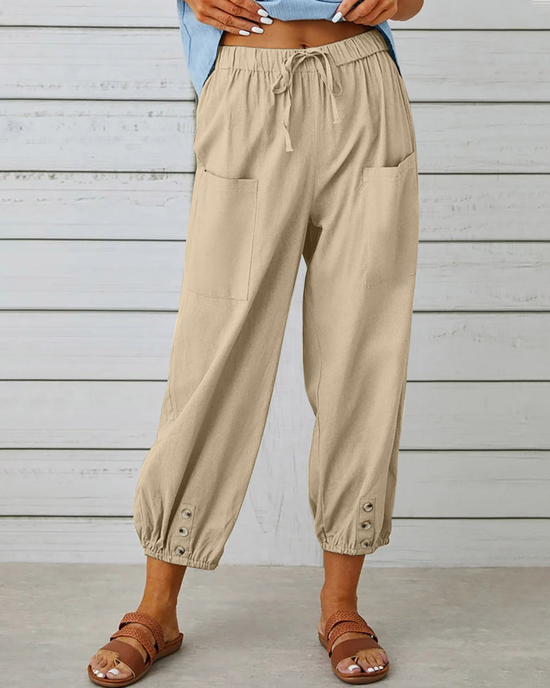 Dames Casual Broek met Hoge Taille, Koordsluiting en Knoopdetail aan de Enkels Khaki