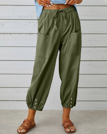 Dames Casual Broek met Hoge Taille, Koordsluiting en Knoopdetail aan de Enkels Legergroen