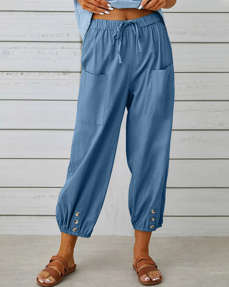 Dames Casual Broek met Hoge Taille, Koordsluiting en Knoopdetail aan de Enkels Blauw