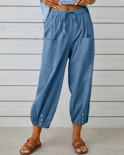 Dames Casual Broek met Hoge Taille, Koordsluiting en Knoopdetail aan de Enkels Blauw