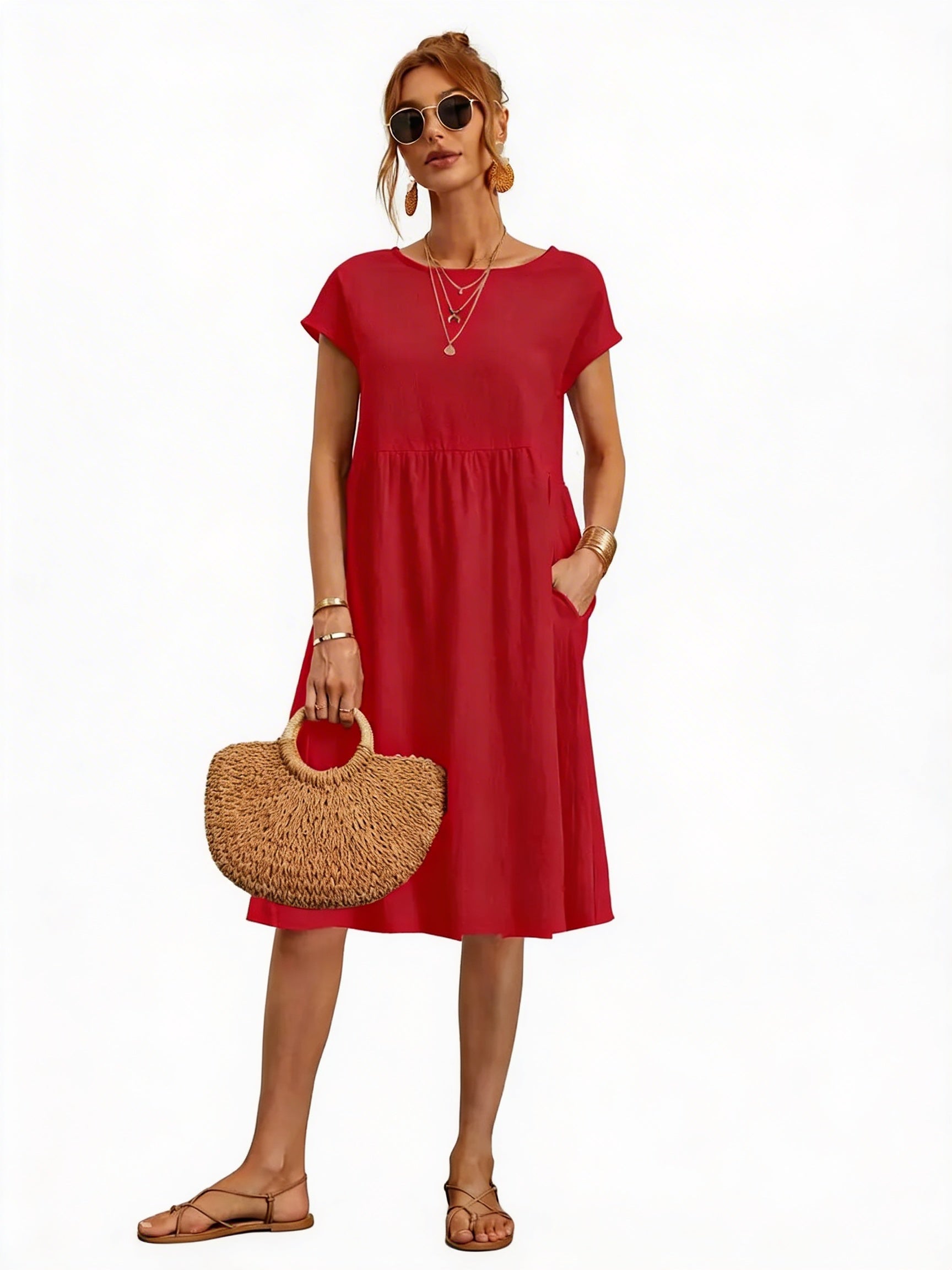 Dames Casual Midijurk met Ronde Hals en Korte Mouwen met Zakken