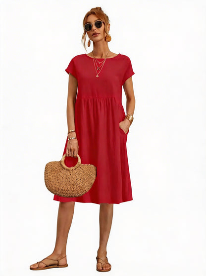 Dames Casual Midijurk met Ronde Hals en Korte Mouwen met Zakken
