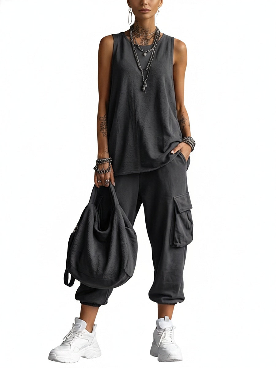 Dames Casual Set Mouwloos Top en Cargo Broek met V-hals en Zijzakken