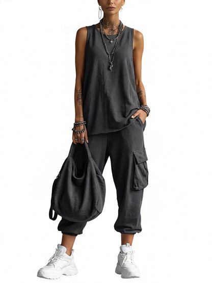 Dames Casual Set Mouwloos Top en Cargo Broek met V-hals en Zijzakken
